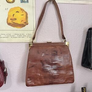 Vintage 50s 60s Bellstone Snakeskin Kisslock Elegant Brown Leather Handbag